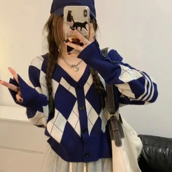 Lingge Knitted New Korean College Style Top Retro Knitted Sweater Loose Lazy Sweater Cardigan Short Coat