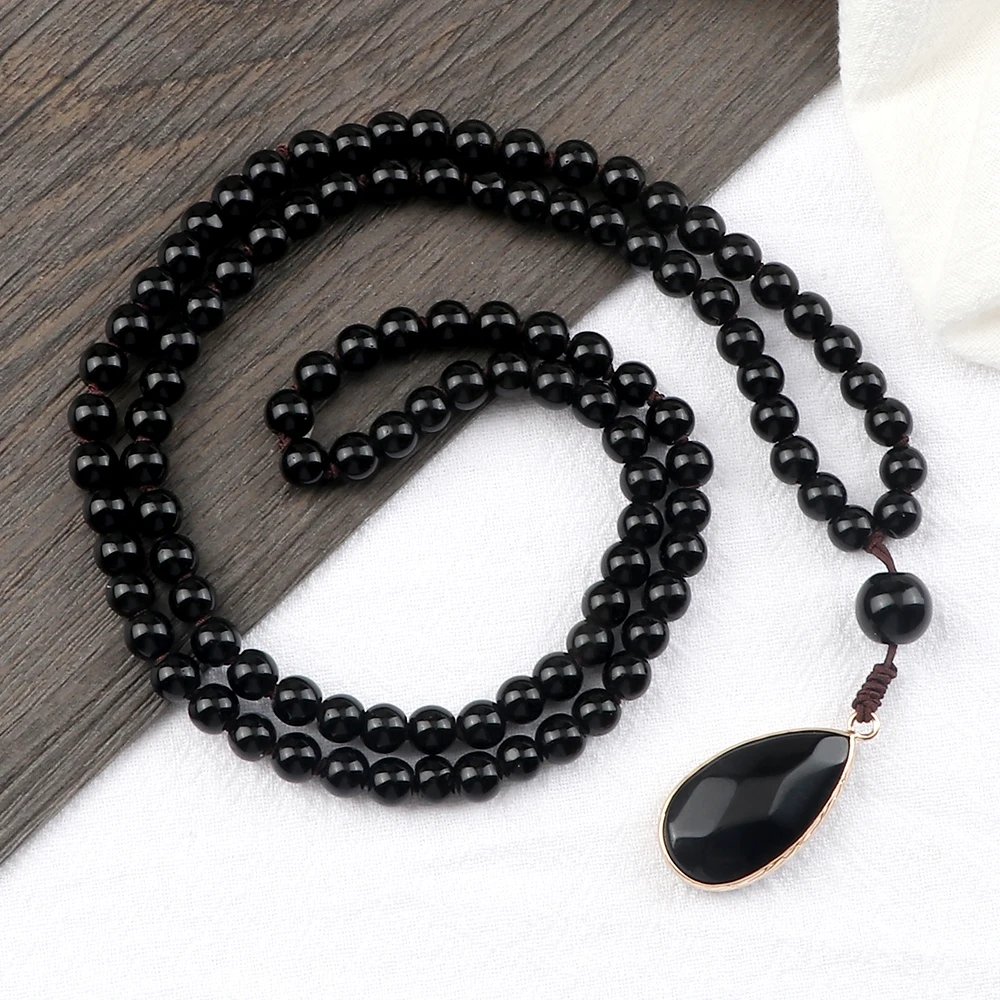 Black Obsidian Meditation Necklace For Men Natural Black Onyx 108 Mala Beads Pendnat Long Necklace Women Buddhist Prayer Jewelry