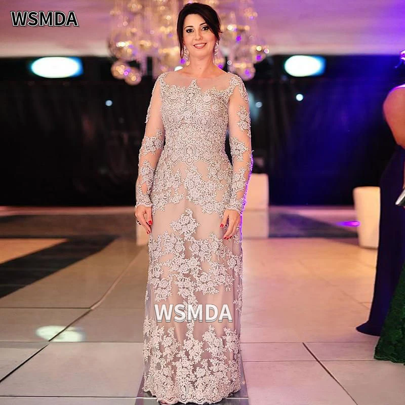 Mãe cheia do laço do vestido da noiva com mangas compridas, forro de champanhe, vestido de festa de casamento, feito sob encomenda