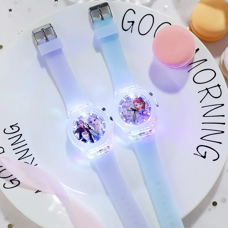 Disney-Reloj de pulsera de cuero con luz Led brillante para niños, cronógrafo de cuarzo con diseño de princesa de Frozen, regalo de Navidad