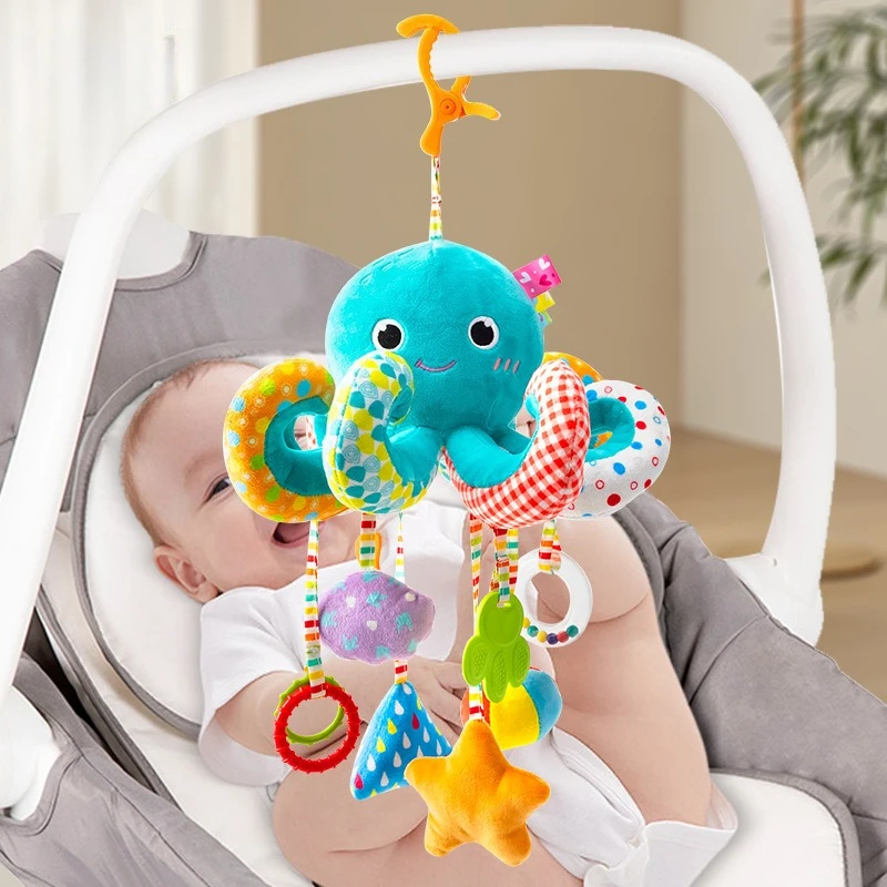 

Baby Toy Stroller Hanging Accessory 0-1 Year Old Baby Safety Seat Rattle Bedside Hanging Octopus Pull-Out Toy Children's Gift