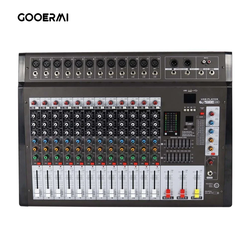 Gooermi DMX-12 12 Channel Console Mixing 16 Dsp Effects Usb Interface Sound Power Audio Mixer for Stage Performance