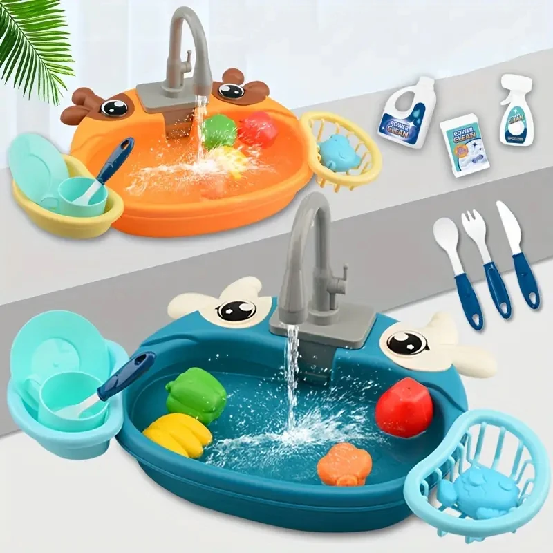 Play House Simulazione di cartoni animati Cucina Tavolo per lavare i piatti Rubinetto elettrico Ciclo fuori l'acqua Interazione genitore-figlio Giocattoli per bambini