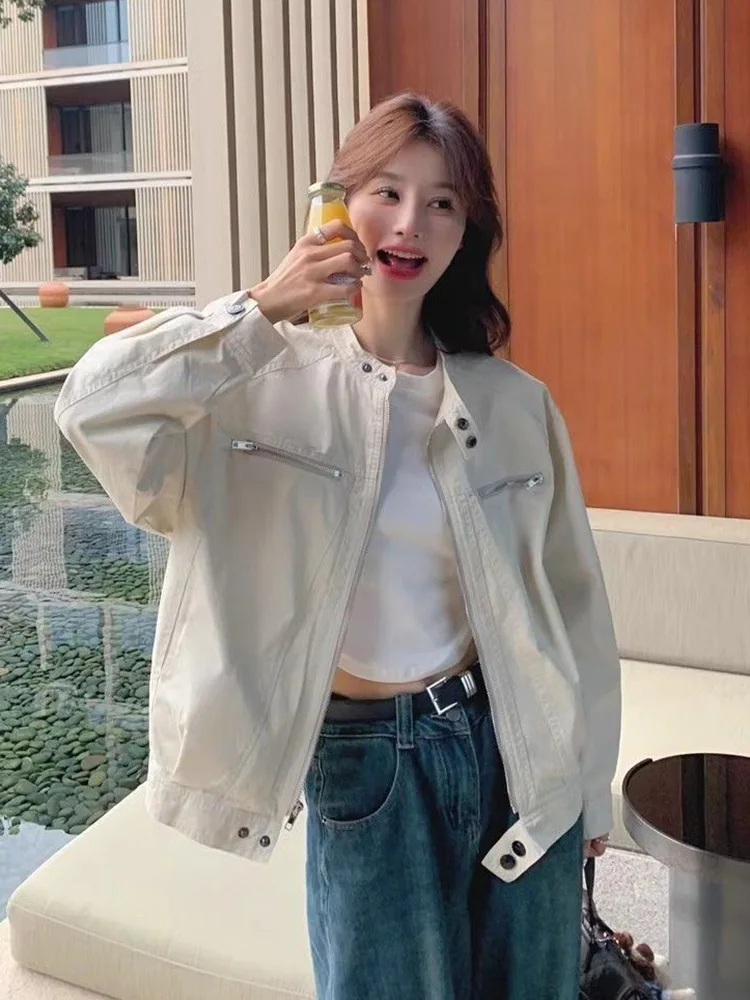 Sweet Preppy Style Cargo Women Loose O Neck Casual Cute Short Coat Korean Vintage Long Sleeve Spring Ins Outwear Tops New