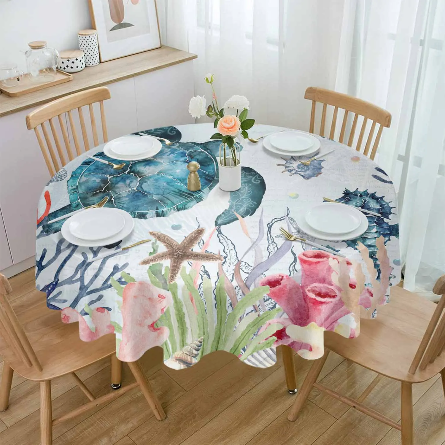 Marine Organisms Coral Seahorse Sea Turtle Octopus Round Waterproof Tablecloth Home Decorative Table Cover Party Table Cloth