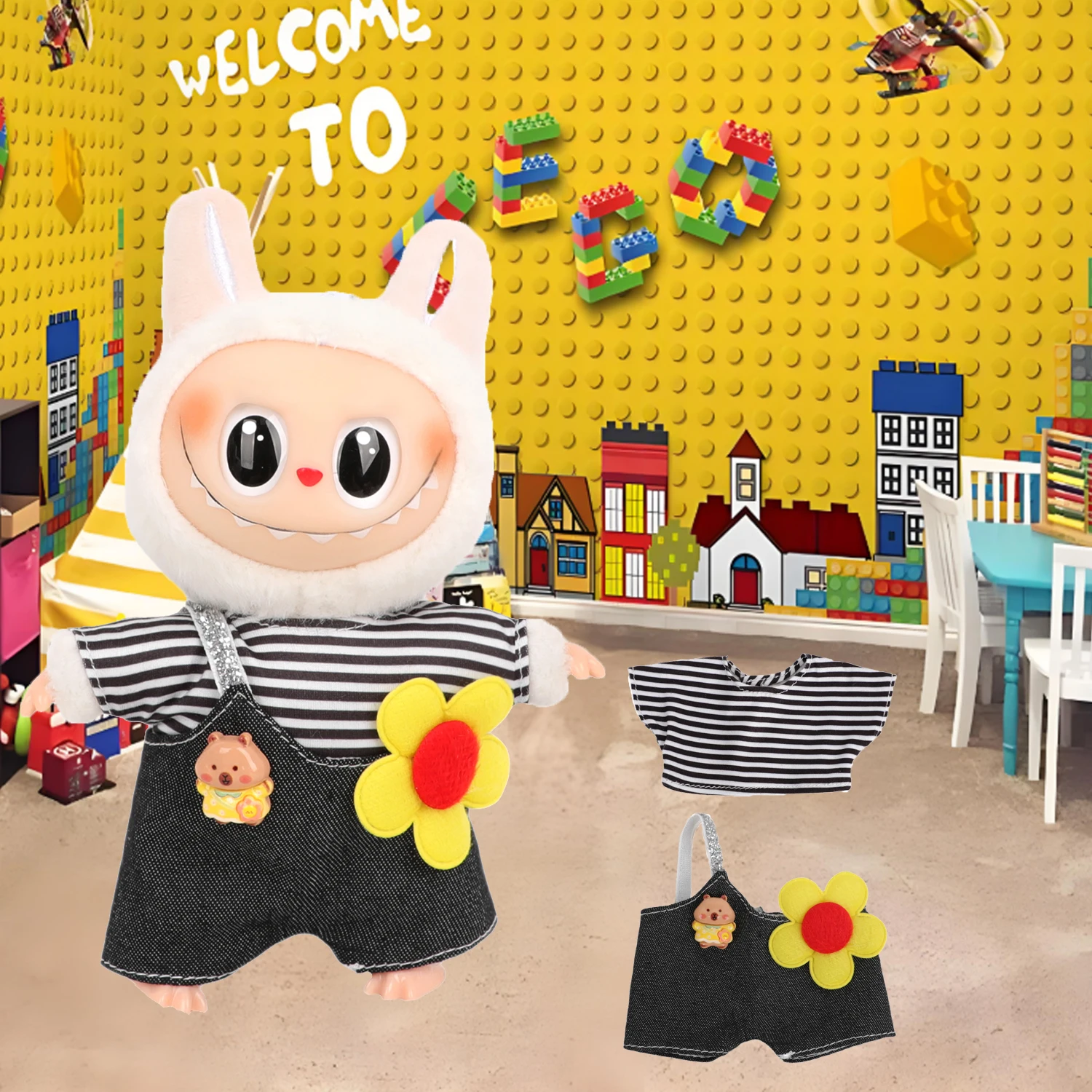 

For 17cm Labubu Doll Clothes Striped T-shirt + Flower Bib Pants Suit Outfit Garment For V1 V2 V3 Labubu Doll Fit Cotton Toy Gift