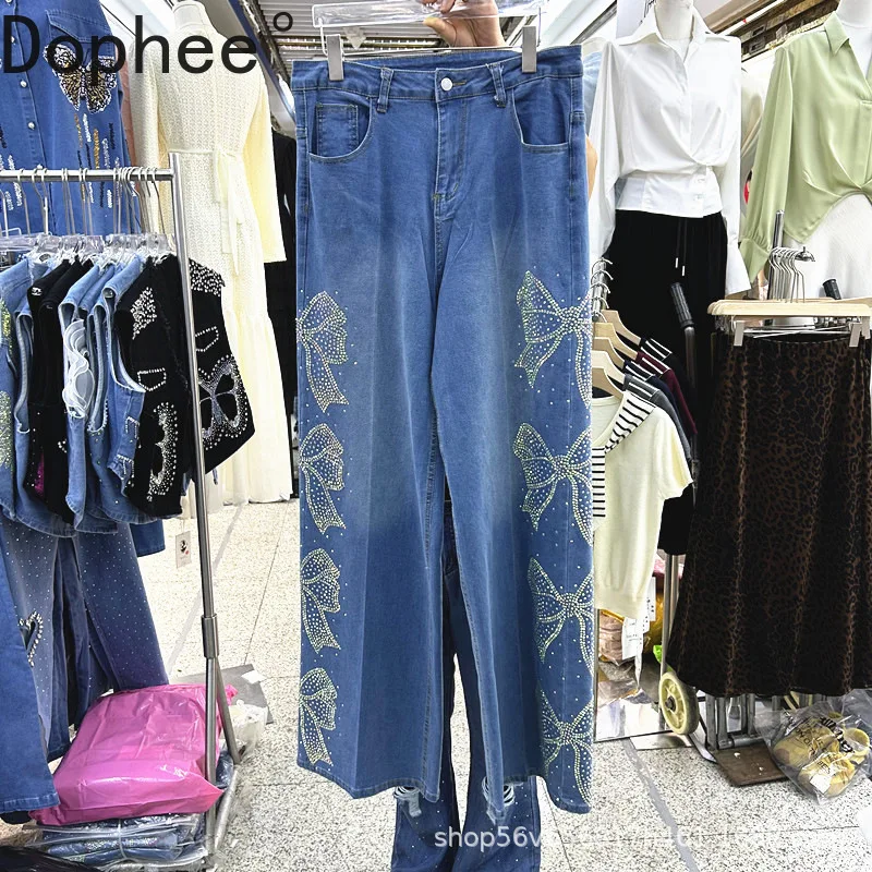 

High Street Shiny Bow Hot Drilling Women Wide Leg Pants All-match High Waist Loose Straight Jeans Floor-length Denim Trousers