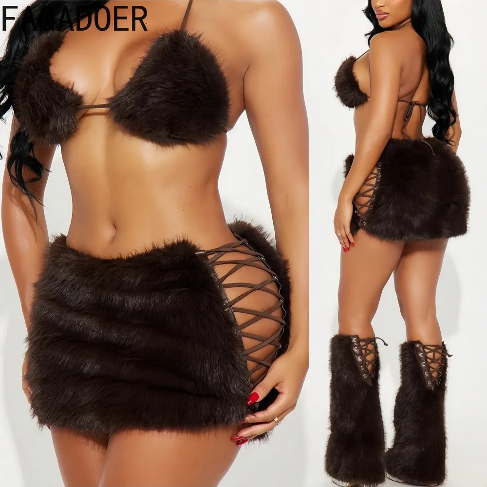 

FAGADOER Весенняя сексуальная облегающая юбка с меховыми вставками для женщин, однотонная, с низкой посадкой, на завязках, женская уличная одежда, новинка 2026 года