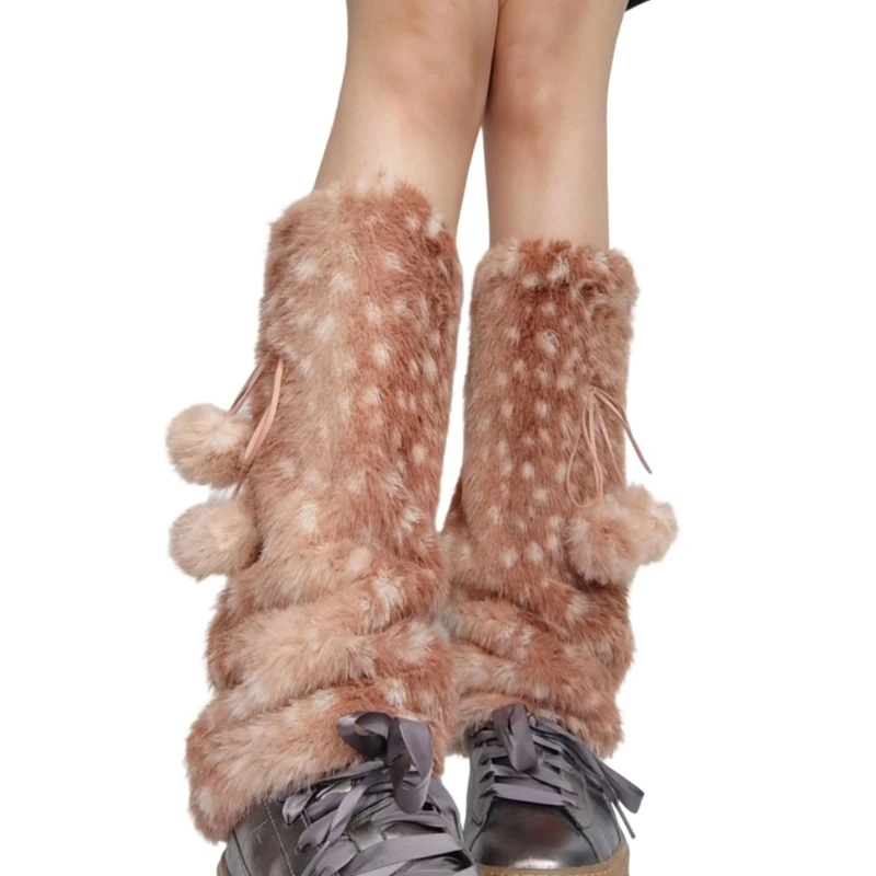 P88B Fashionable Reindeer Pattern Leg Warmers Fleece Furry Boot Covers Nonslip Footless Socks For Women Winter Essential