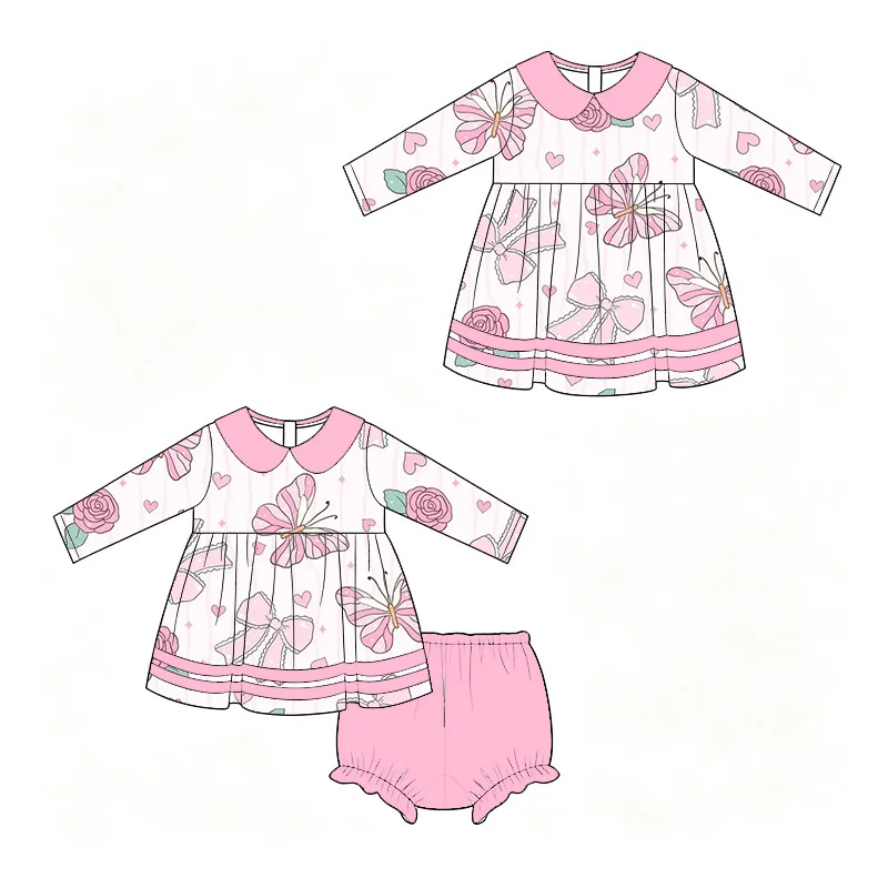 Boutique kid's Girls' Set and Dress Lapel Long-sleeved top and shorts Bows hearts strawberries and cakes print custom