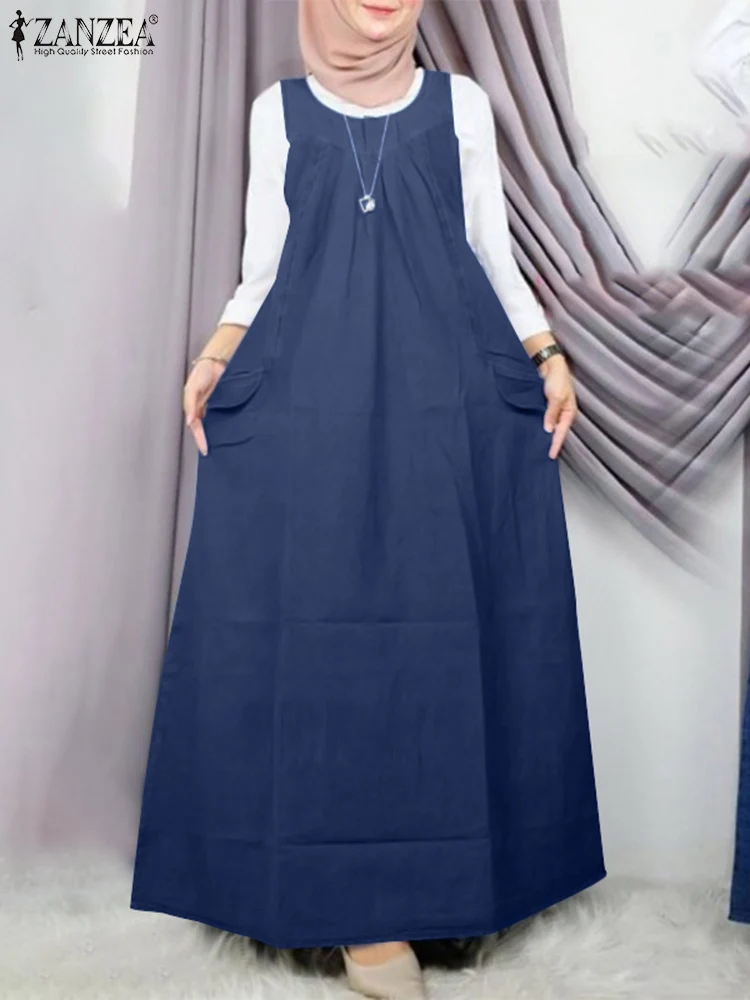 Fashion Sleeveless Muslim Maxi Long Dress ZANZEA Vintage Women Summer Overall Dresses Casual Solid Abaya Sundress Hijab Vestido