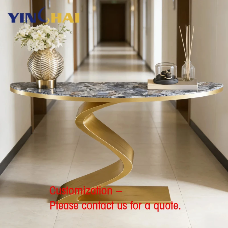 custom.Modern Luxury S-Shaped Control Hallway Dining Console Table Home Living Room Entryway Marble Gold Metal Frame Multi-funct