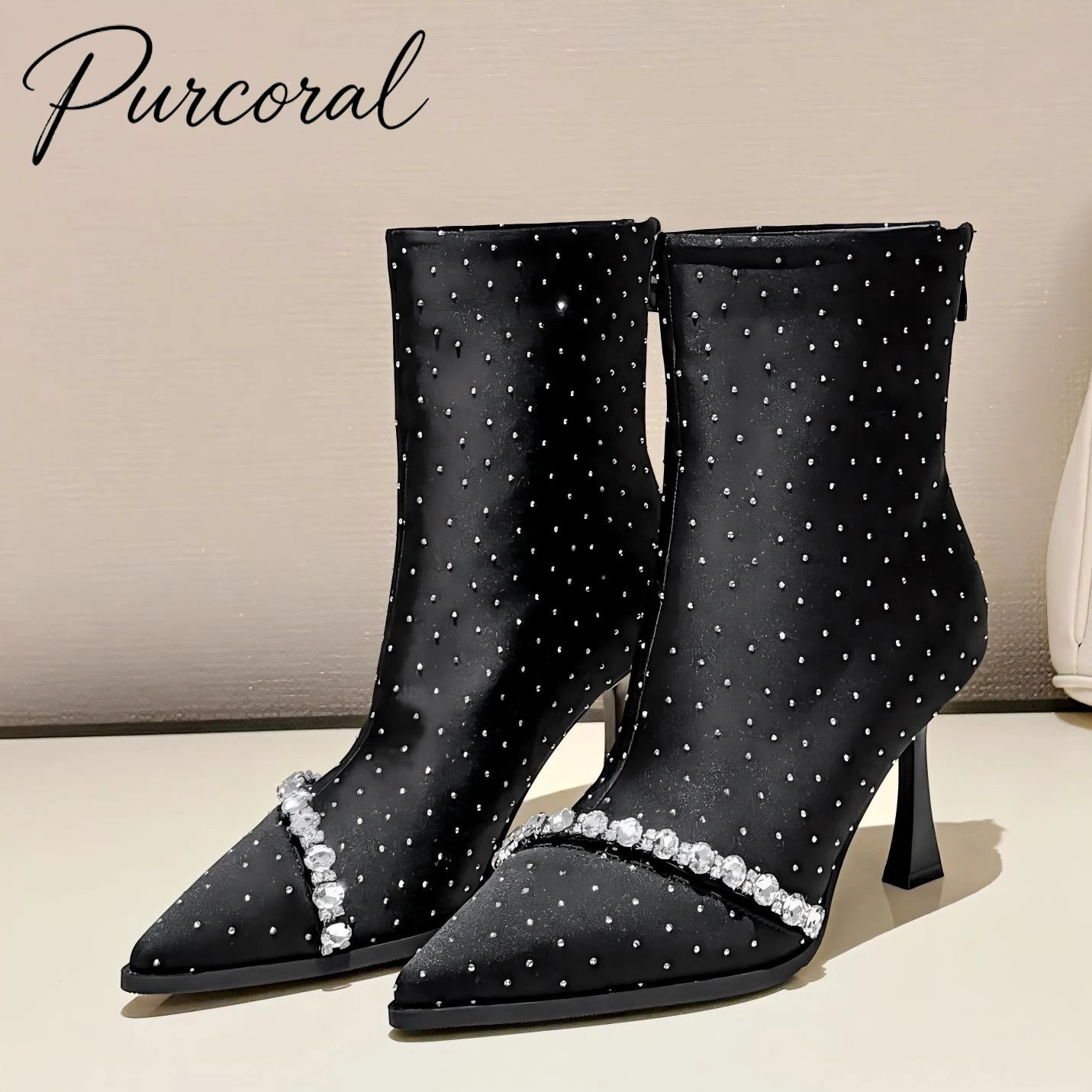 Purcoral 2027 New Women Sparkly Rhinestone Beaded Ankle Booties Pointed Toe Thin High Heel Back Zip Satin Ladies Prom Boots