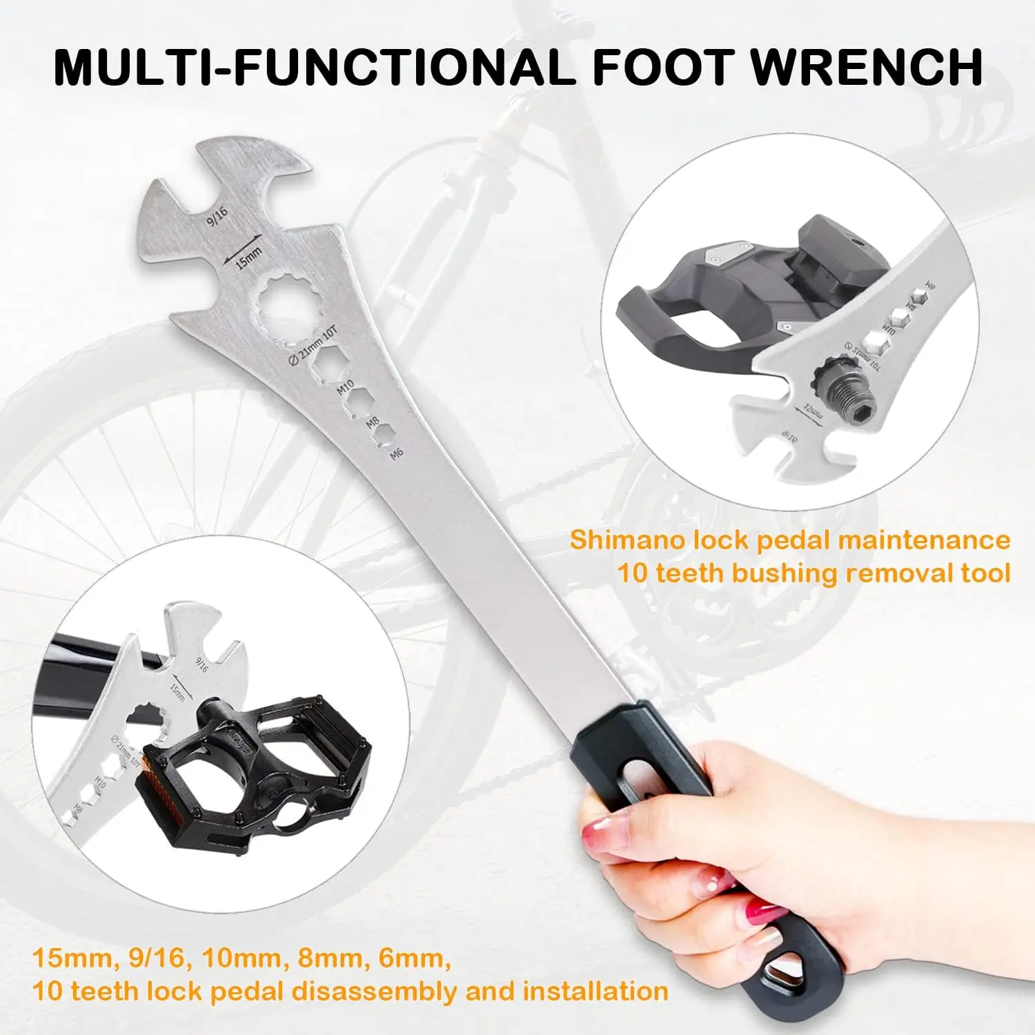 4 in 1 Bicycle Bike Pedal Wrench Bicycle Pedal Removal Tool with 320mm Extra Long Handle Multifunctional 15mm 9/16in MTB Pedal R