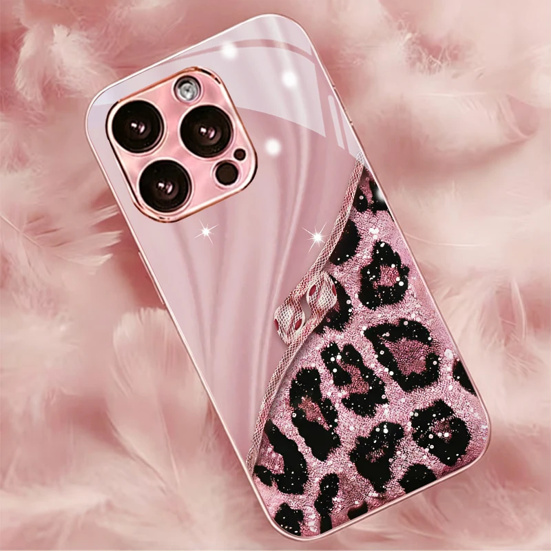 Glitter Leopard Snake For Apple Electroplated Pink Phone Case For iPhone 18 17 16 15 14 13 12 11 Pro Max 17Air Plus Glass Cover