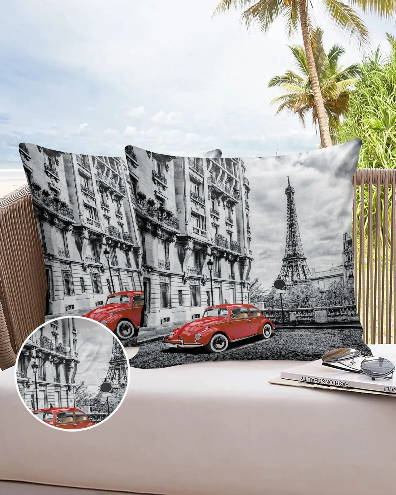 2/4PCS Outdoor Garden Chair Waterproof Cushion Cover Red Vintage Car Paris Tower Street Home Decor 40/45/50/60/66cm Pillow Case