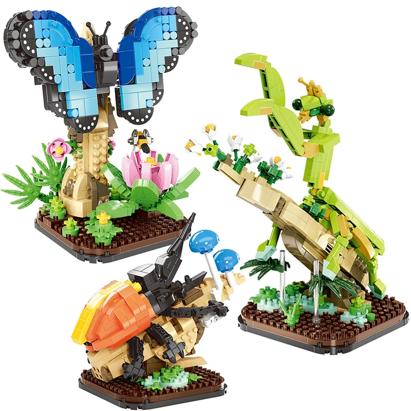 

Creative Insect World Blue Morpho Butterfly Model Building Blocks Tenodera Sinensis Long Halberd Beetle DIY Bricks Toys Kid Gift