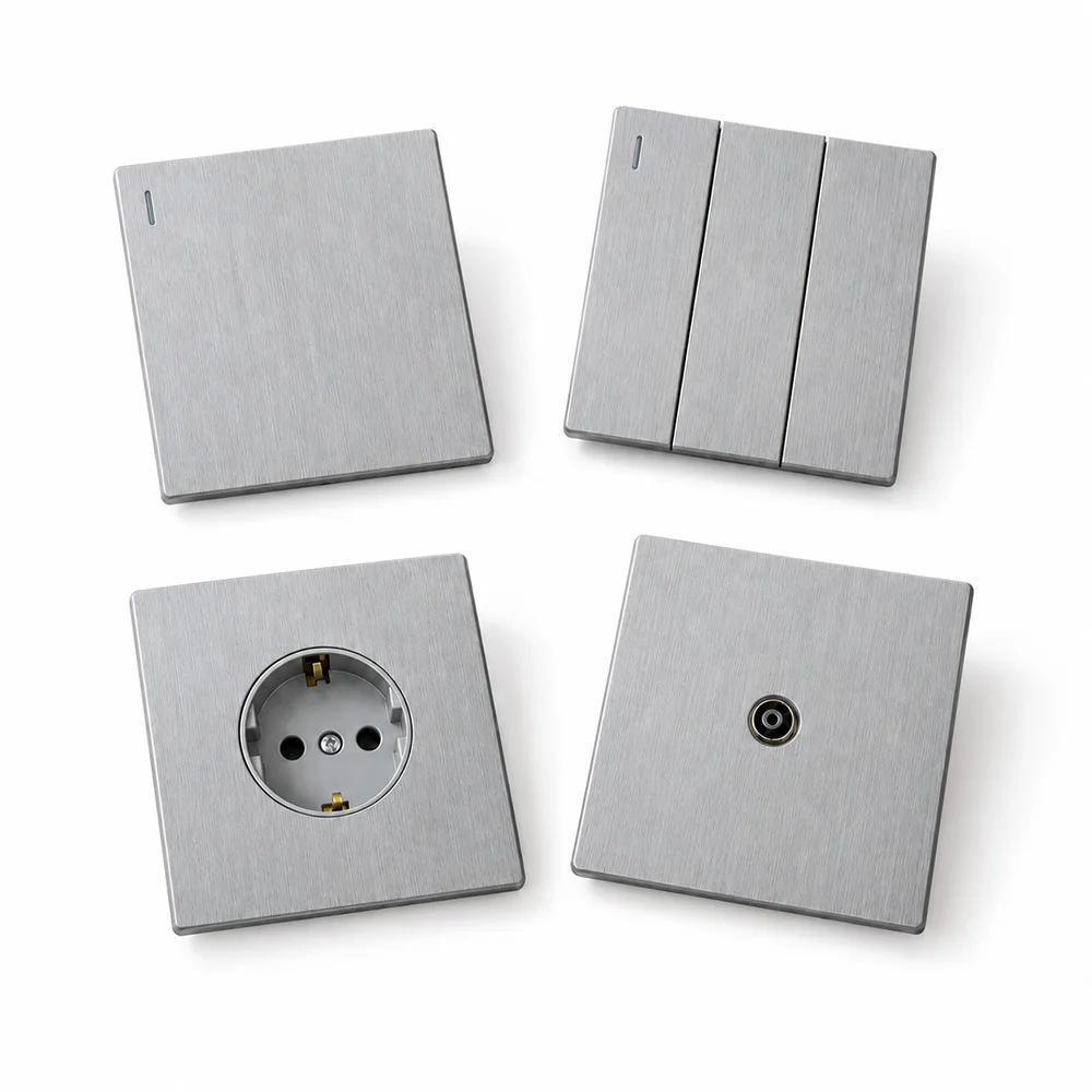 EU French Wall Light Switch Brushed Silver Ultra Thin Panel 1/2 Way European Wall Socket Power Outlet AC 110-250V