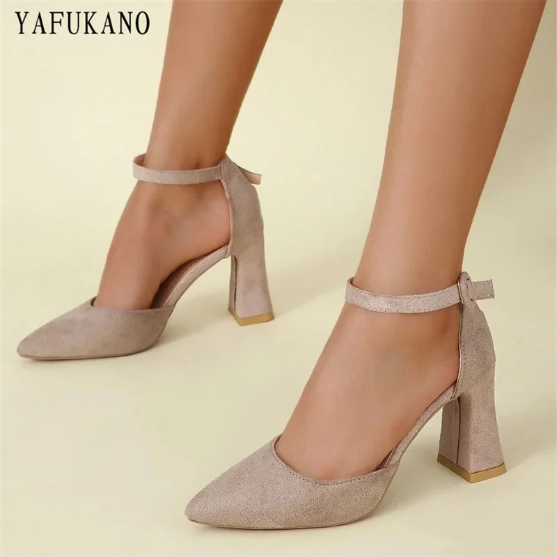 Simple Fashion Mid Hollow Single Shoes Summer Pointed Toe Chunky Heeled Ankle Strap Sandals Solid Flock Casual Pumps High Heels