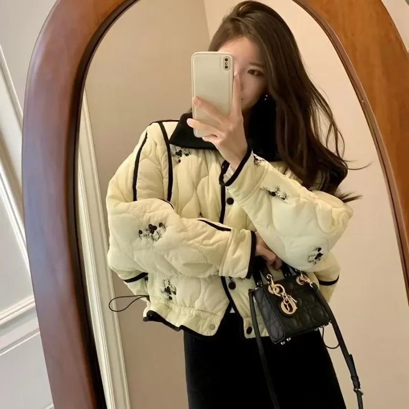 

Элегантная короткая хлопковая куртка с принтом для женщин, уникальный дизайн, свободные лацканы, однобортный крой, осенне-зимнее модное пригородное пальто