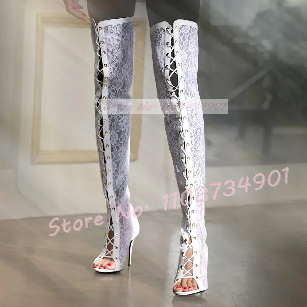 

Elegant White Lace Peep Toe Thigh High Boots Women Front Cross Tied See-through High Heels Shoes Ladies Breathable Trendy Shoes