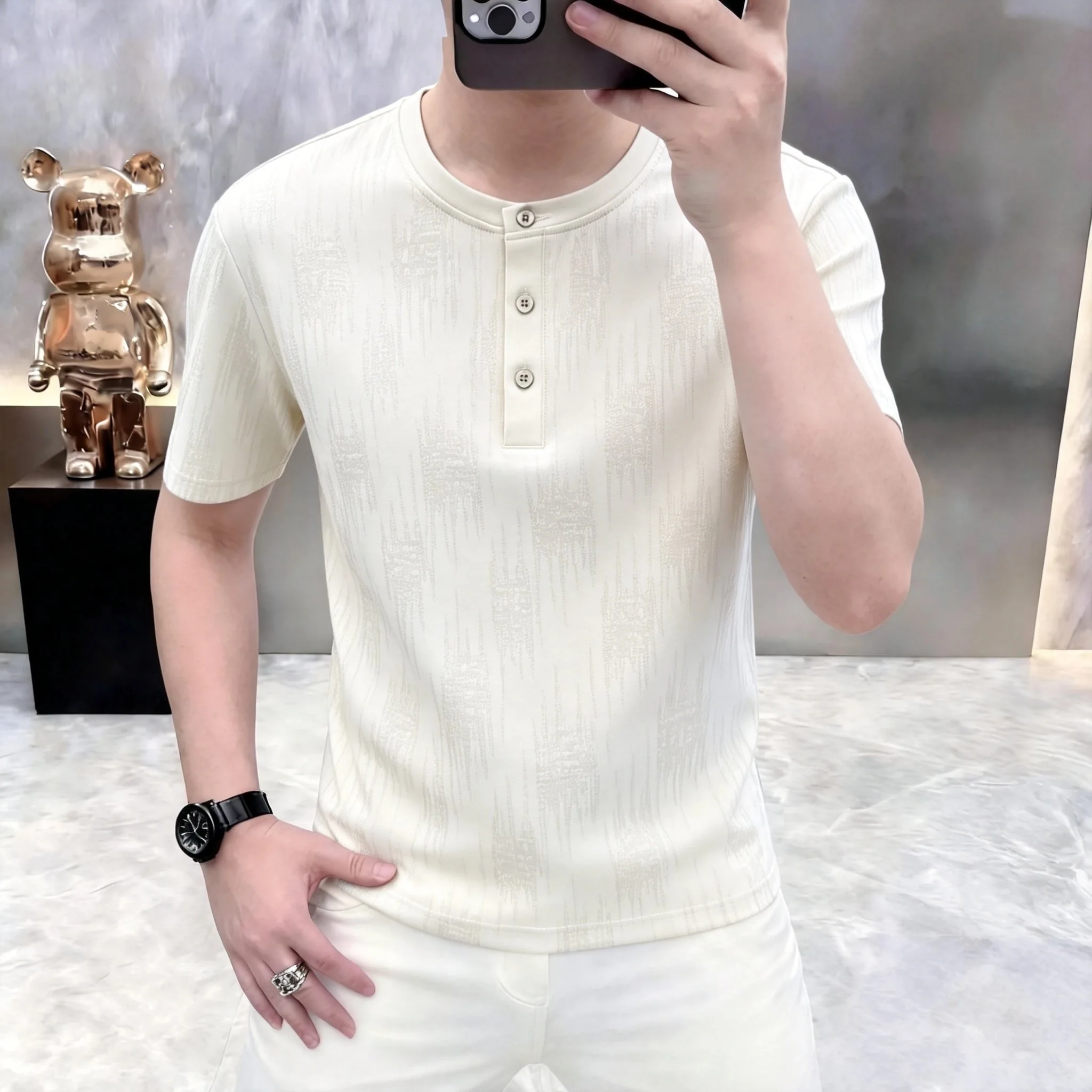 Summer New Style Men's Solid Color Knitted Shirt Short-Sleeve T-Shirt Luxury Breathable Casual