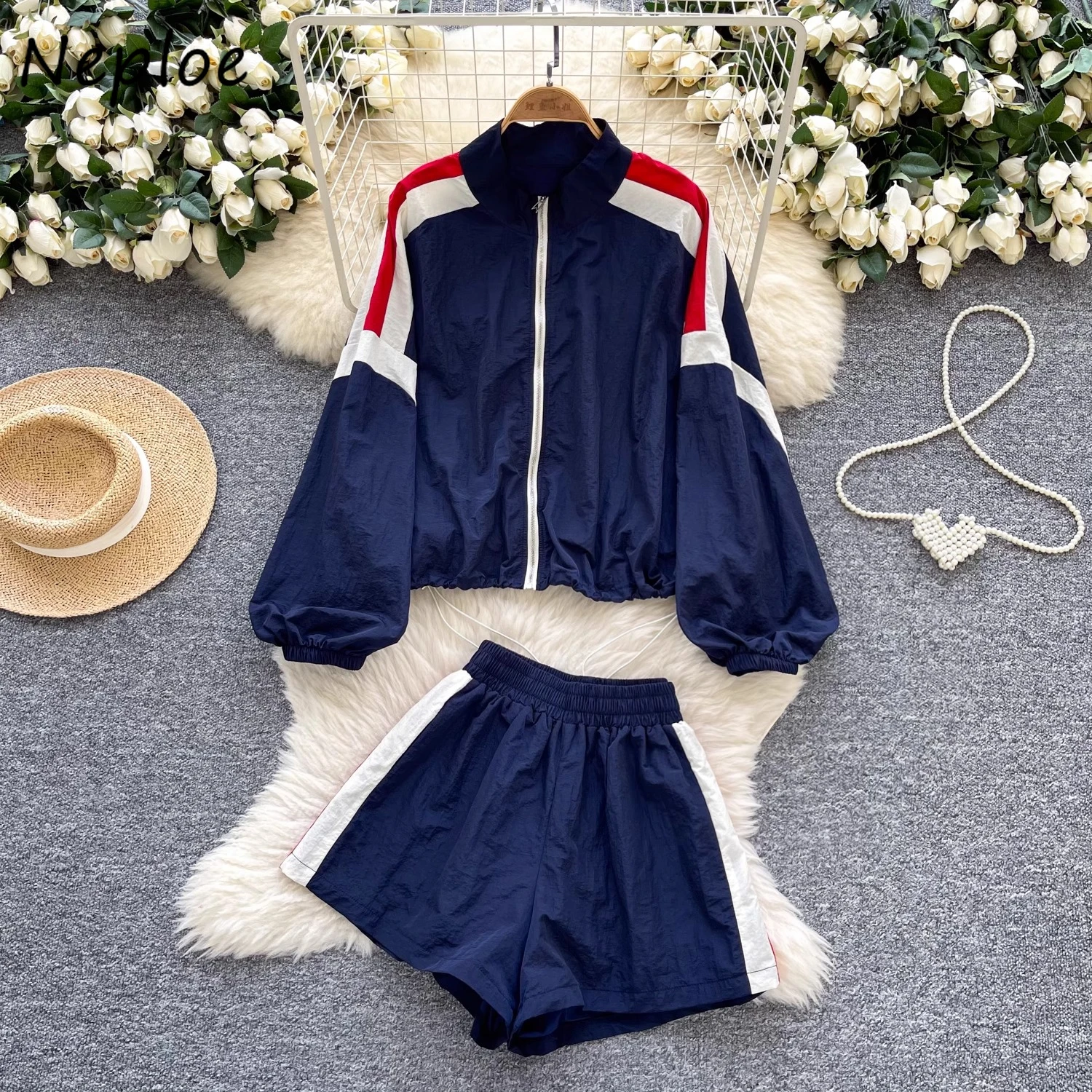 

Neploe Student Preppy Style Casual Stripe Set Shorts Panelled Sunscreen Thin Zip Coat Stretch Waist Loose Simple Wid Leg Trouser