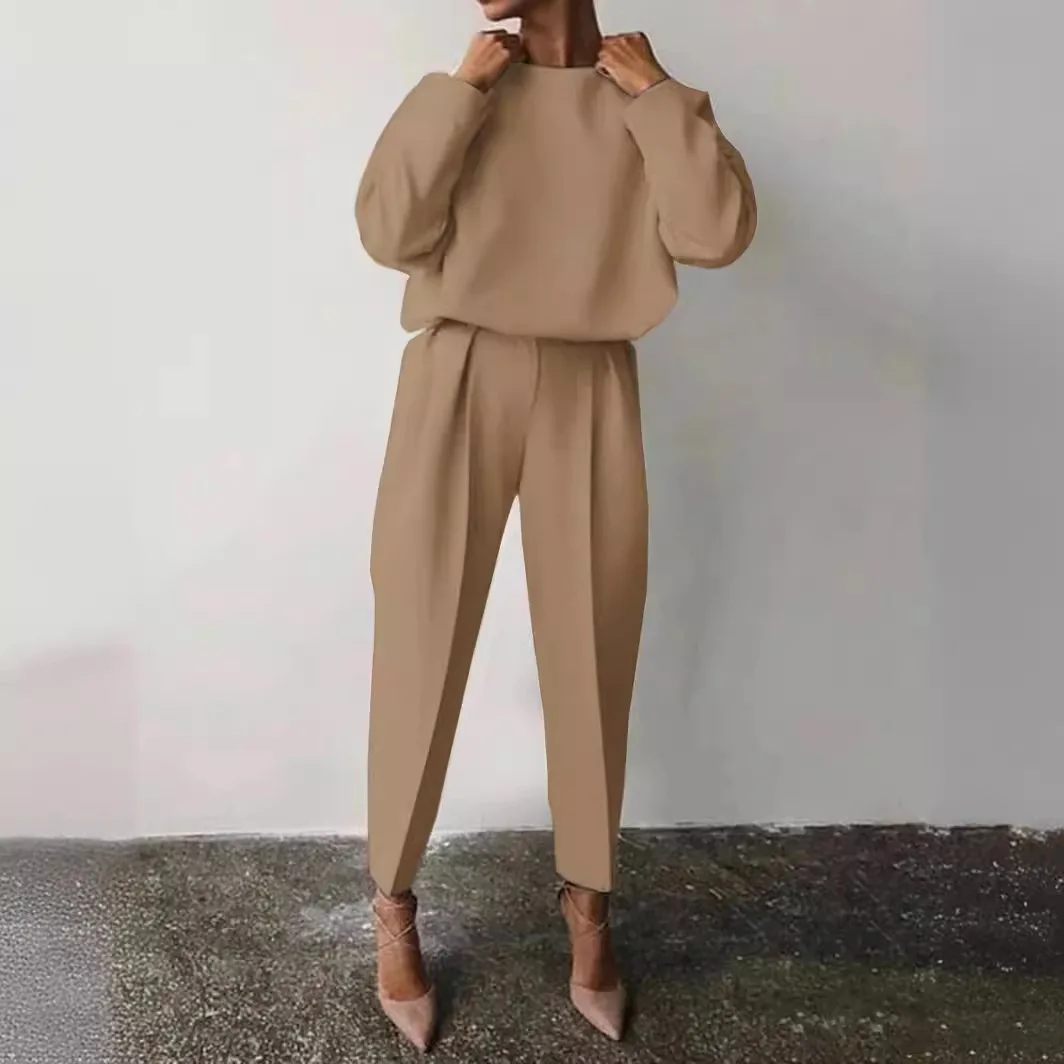 Elegant Office Ladies Solid Color 2 Piece Sets Casual O Neck Pullover Tops Pencil Pants Suit Women Fashion Loose Outfits Set