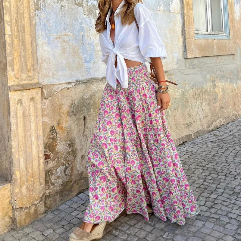 فساتين ميدي فساتين مُزينة بنقشة الزهور للنساء تنورة صيفية أوروبية وأمريكية 2025 فساتين صيفية جديدة لقضاء عطلة الشاطئ فساتين تنورة مطبوعة غير رسمية #5