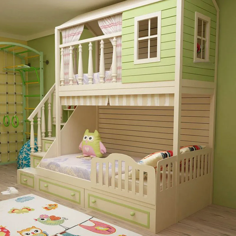 Children's double decker bed with upper and lower bunks, boys' double decker high and low bed, multi-functional solid wood bed