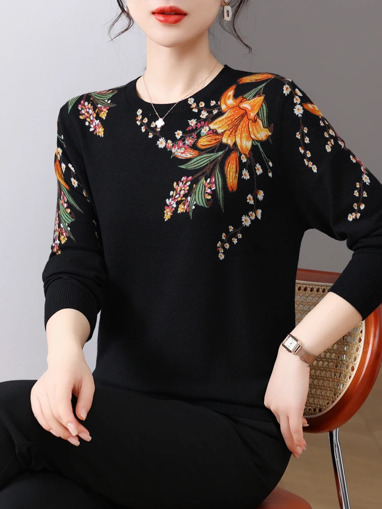 Printing Women\'s Sweaters Spring Autumn Korean Fashion Pullovers Long Sleeve Top Blusas Femme Soft O Neck Knitted Slim Sweater