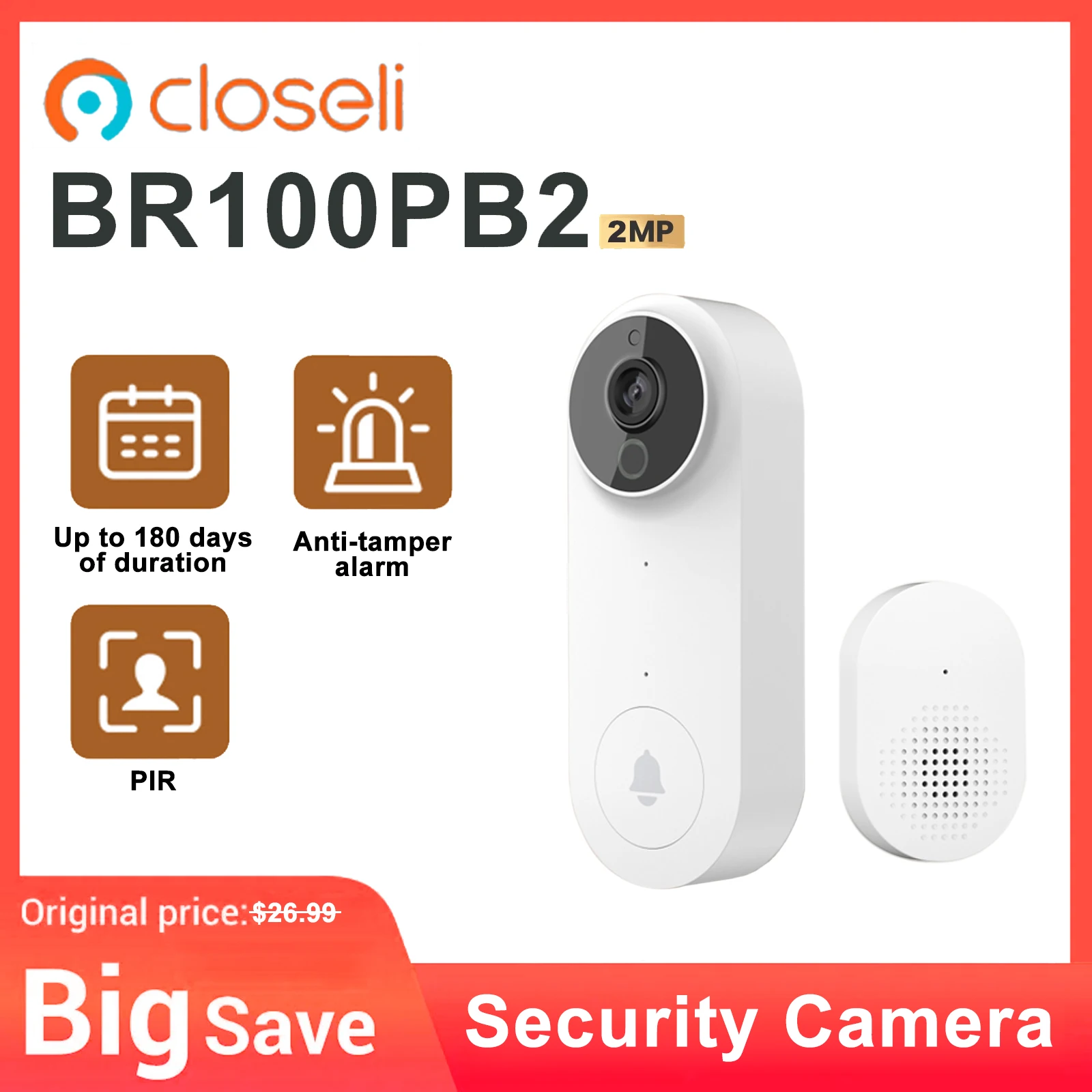 

Closeli BR100PB2 2MP WiFi Doorbell Wireless Camera Alarm Security Night Vision PIR Detection Two Way Talk Security Protection