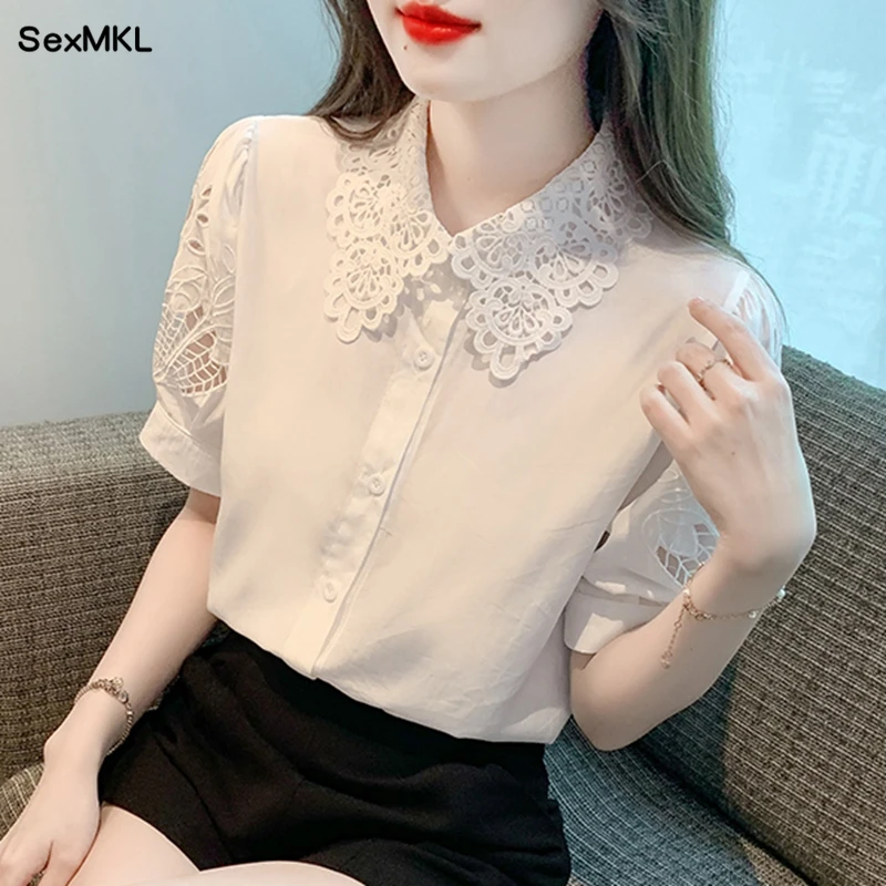 White Hollow Out Office Shirts for Women Short Sleeve Slim Korean Fashion Y2k Clothes Casual Elegant Ladies Tops and Blouses