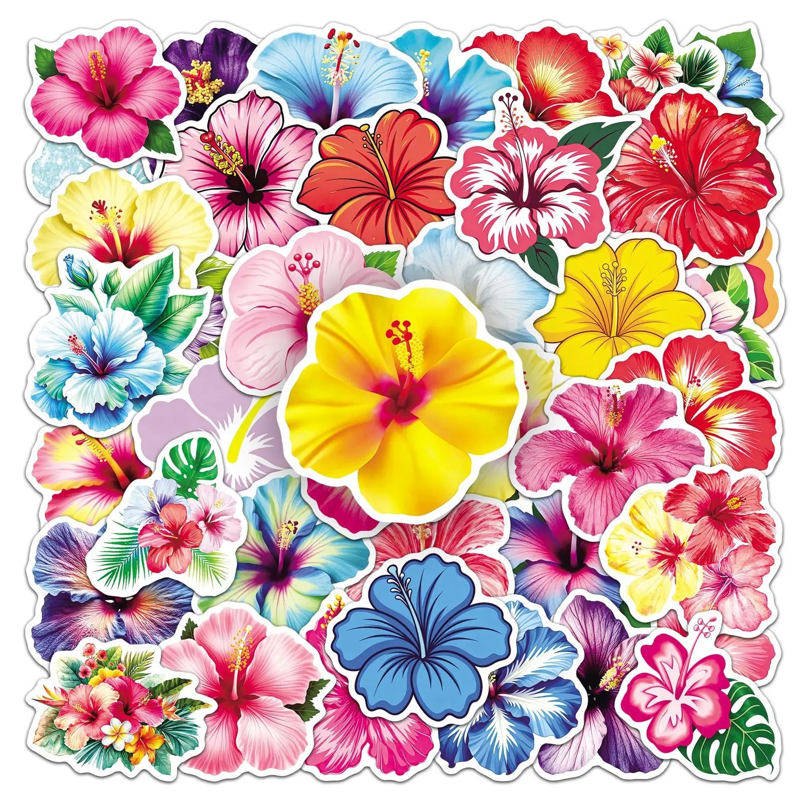 

50pcs Fresh Hibiscus Flower Stickers Laptop Bicycle Guitar Skateboard Sticker Kid DIY Graffiti Waterproof Stickers