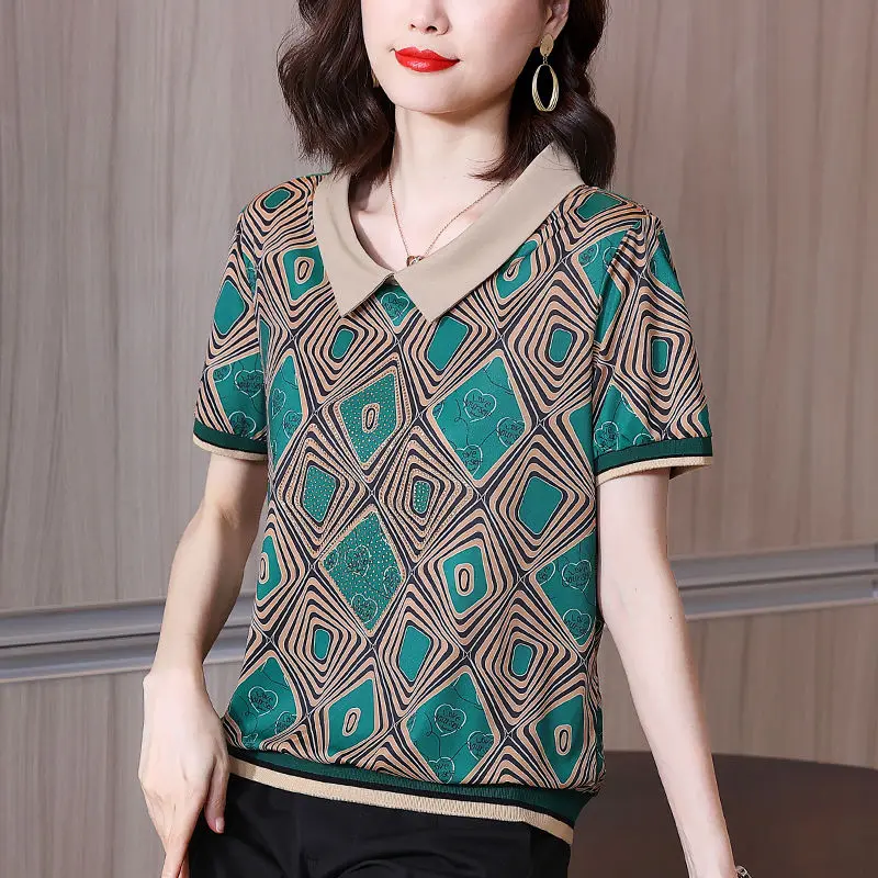 Fashion Vintage Geometric Printed Blouse Women's Casual Peter Pan Collar 2023 Summer Patchwork Loose Commute Screw Thread Shirt