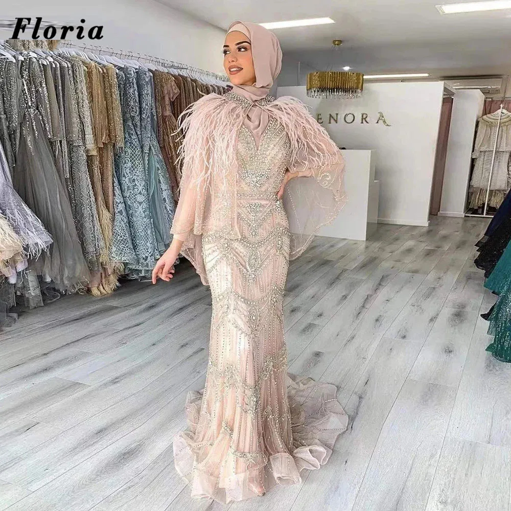 

New Classic Pink Mermaid Celebrity Dresses Full Beads Crystals 2022 Robes De Soiree Muslim Dubai Prom Dress Feathers Party Gowns