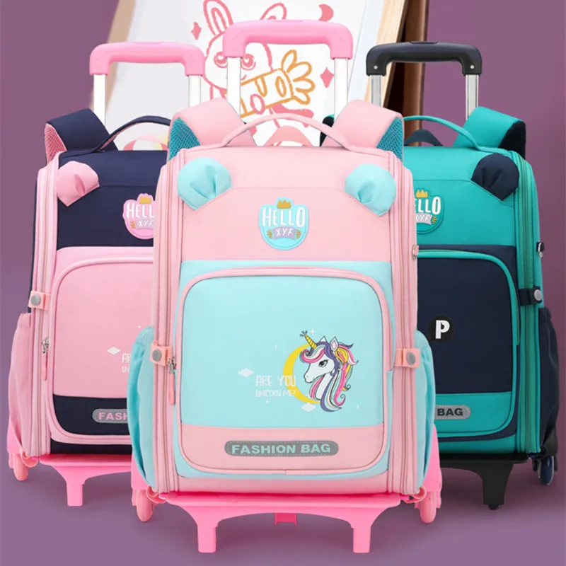 waterproof-large-capacity-student-backpack-with-wheels-double-shoulder-elementary-school-children's-bag-anti-splash-pull-rod-bag
