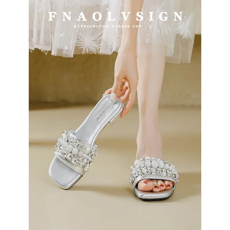 French Style Silver Glitter Heels for Women Low Heel Sandals Pointed Toe Rhinestone Embellished Party Wedding Guest Shoes