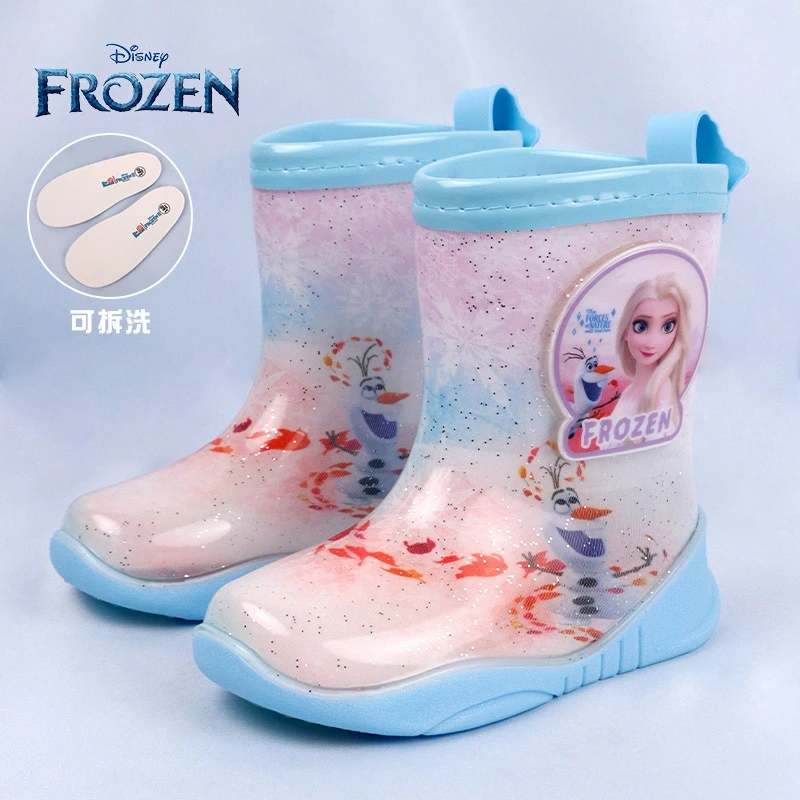 New Kids Girls Rain Boots Boys Waterproof Shoes Cartoon Disney Frozen Elsa Princess Student Children Toddler Flat Water Shoes