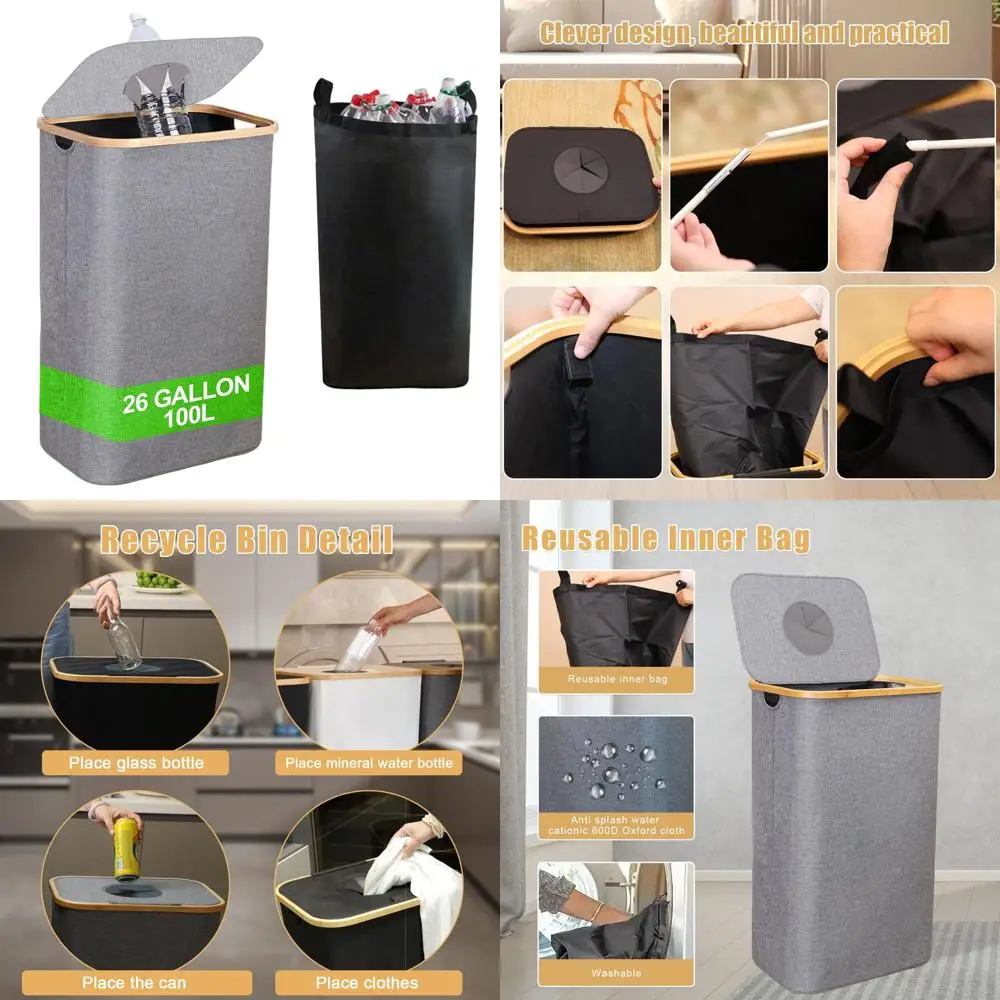 

100L Kitchen Waste Bin with Lid and Reusable Bags - Perfect for Recycling Glass, Cans, Plastics (Grey)