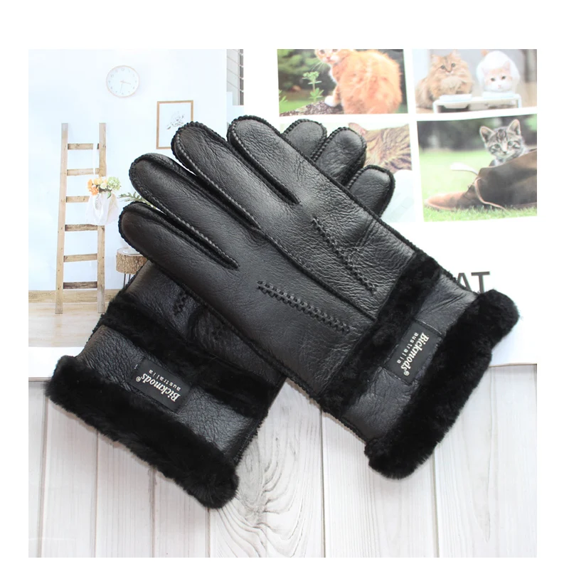 New men's sheepskin fur gloves thickened wool lining warm and cold resistant winter gloves leather