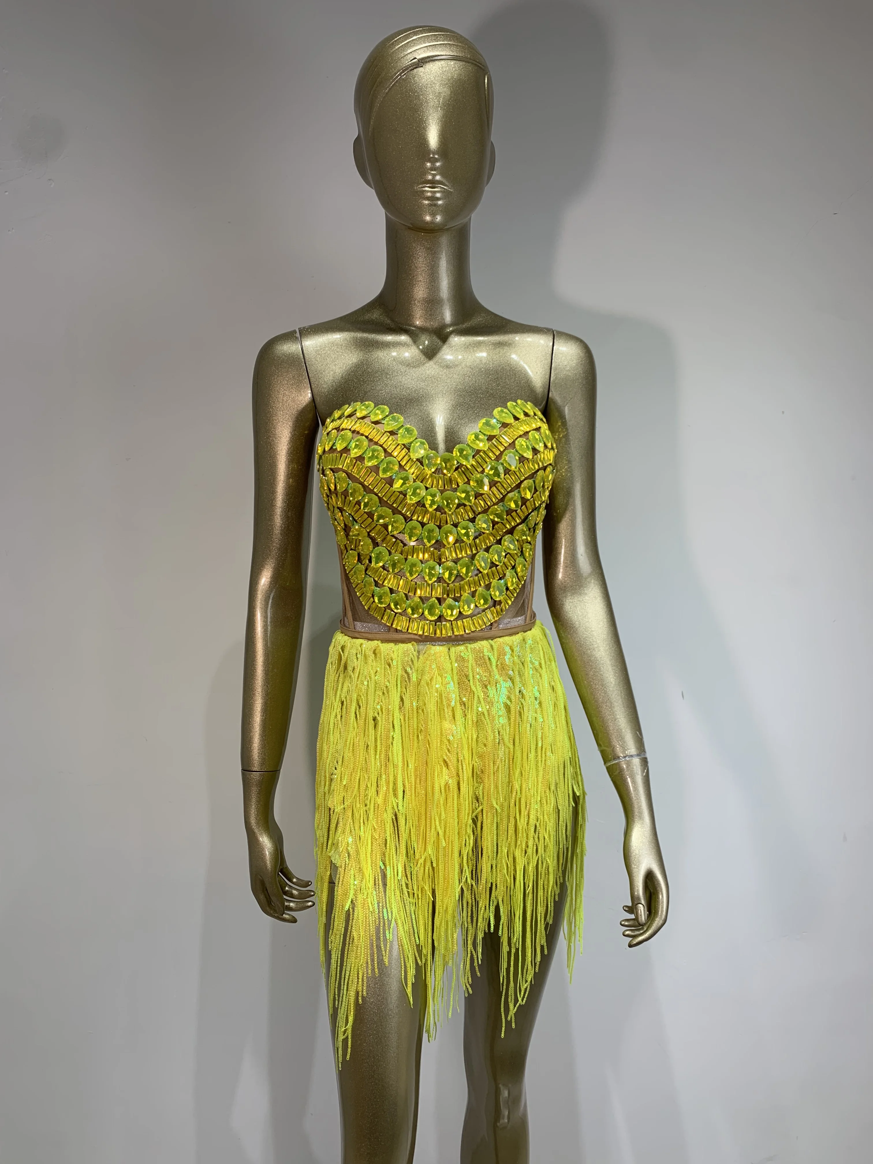 Ensemble jupe courte sexy pour femmes, glands scintillants en strass, robe de soirée, costume de scène de chanteuse de discothèque