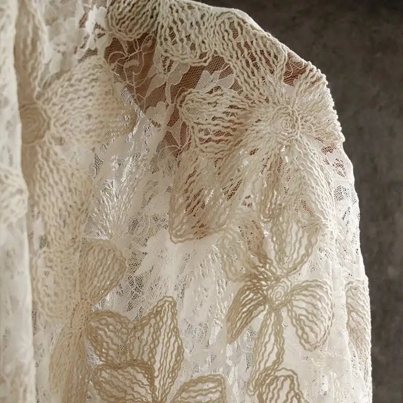

Beige Vintage Textile 3D Floral Lace Sheer For Fashion Designers Fabric By The Meter