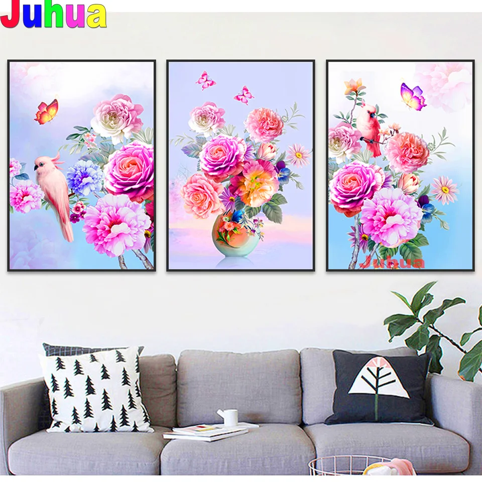 Triptych Pink Peony,Full Square Diamond Painting DIY Cross Stitch Kit 5D Diamond Embroidery Landscape Flowers Birds Top Gift