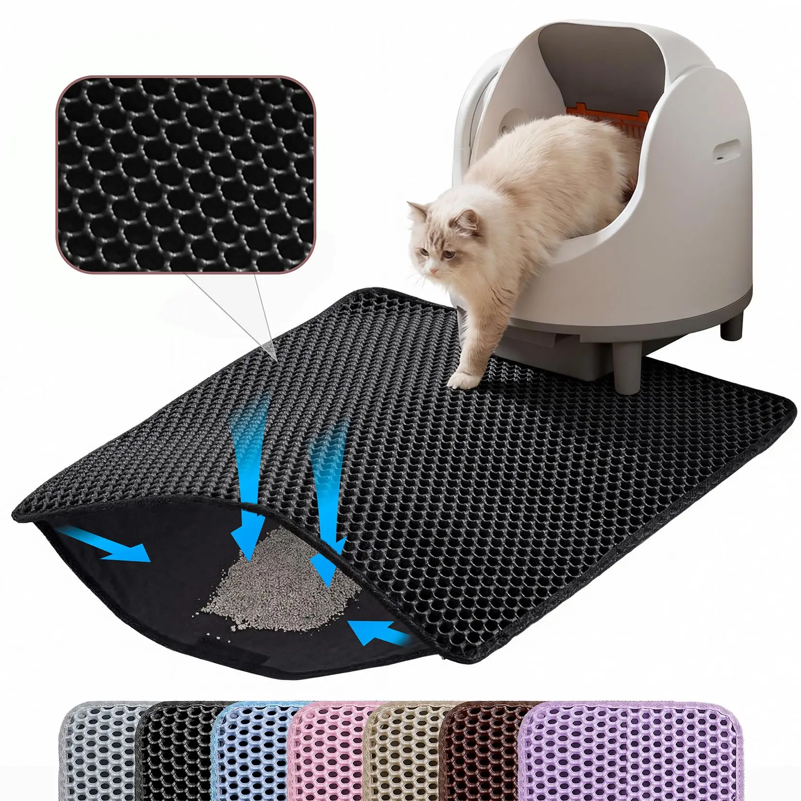 Tapete para Areia de Gato com Design de 2 Camadas, Tecnologia Premium de Retenção de Areia, Base Impermeável, Protetor de Piso Antiderrapante para Gatos de Interior