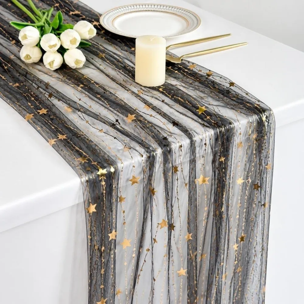 75*300CM Embroidered Table Runner Polyester Material Retro Style Tulle Table Decor Semi-Transparent Gauze Embroidery Design