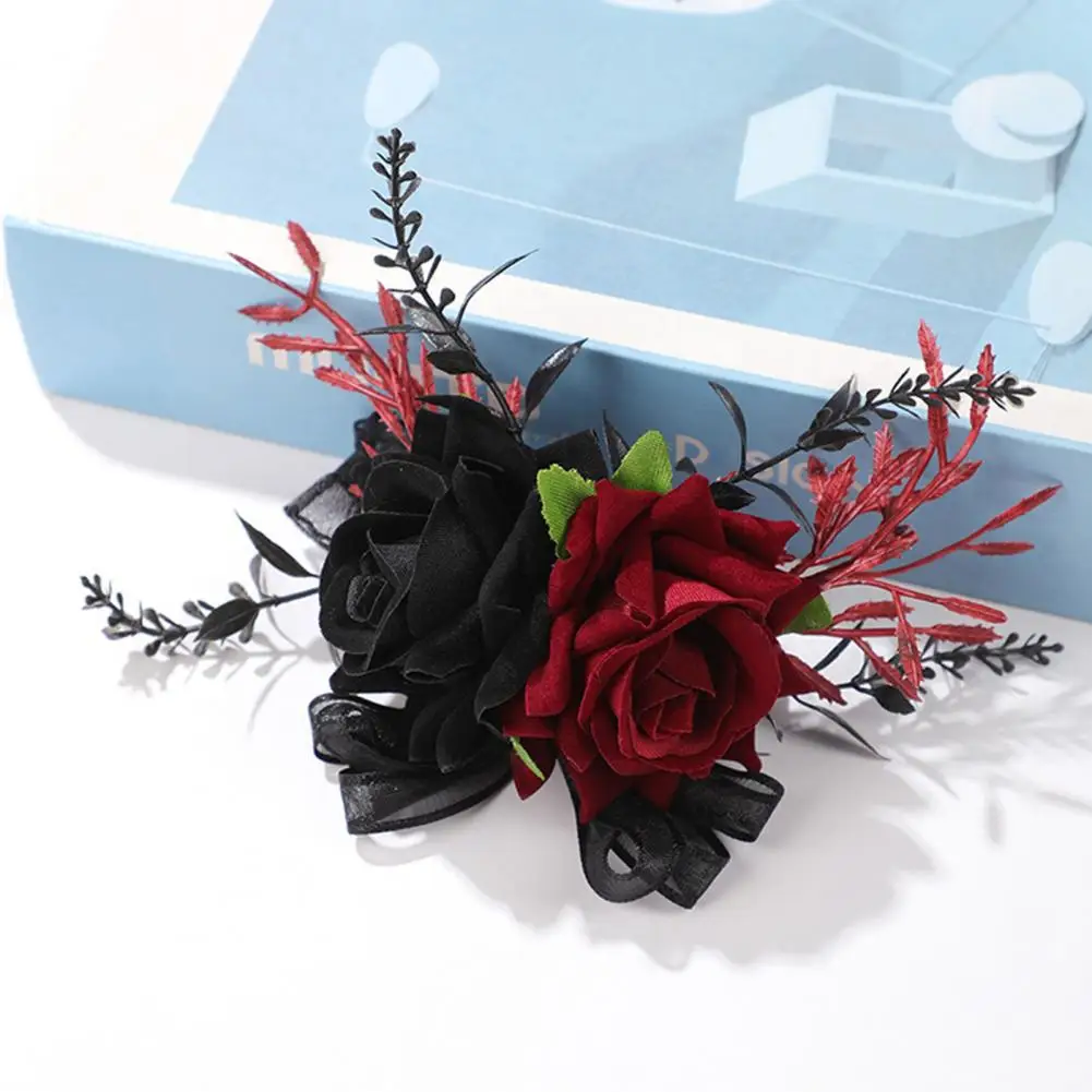 Wrist Corsage, Black Burgundy Rose Corsage for Wedding, Bridesmaid Mother, Gothic Artificial Wrist Cuff Flower for Prom Ceremony