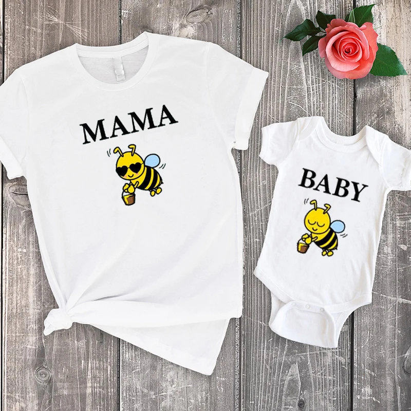 

Bee Family Shirt Mama Bee Tshirt 2022 Fashion Sets Papa Mommy and Me Outfits Print Cotton Daddy Matching Outfits New