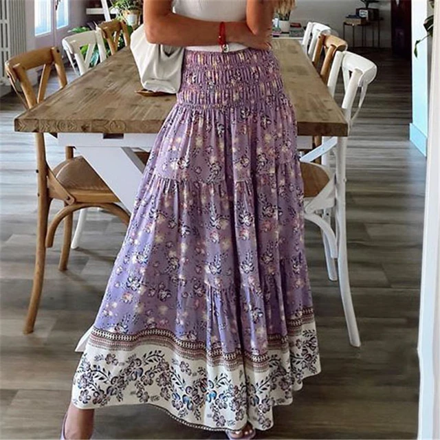 Sweet Style Casual Floral Print Skirts Vestido Summer Women Elastic High Waist Maxi Long Skirts Boho Ladies Holiday Beach Skirts AliExpress 200000345