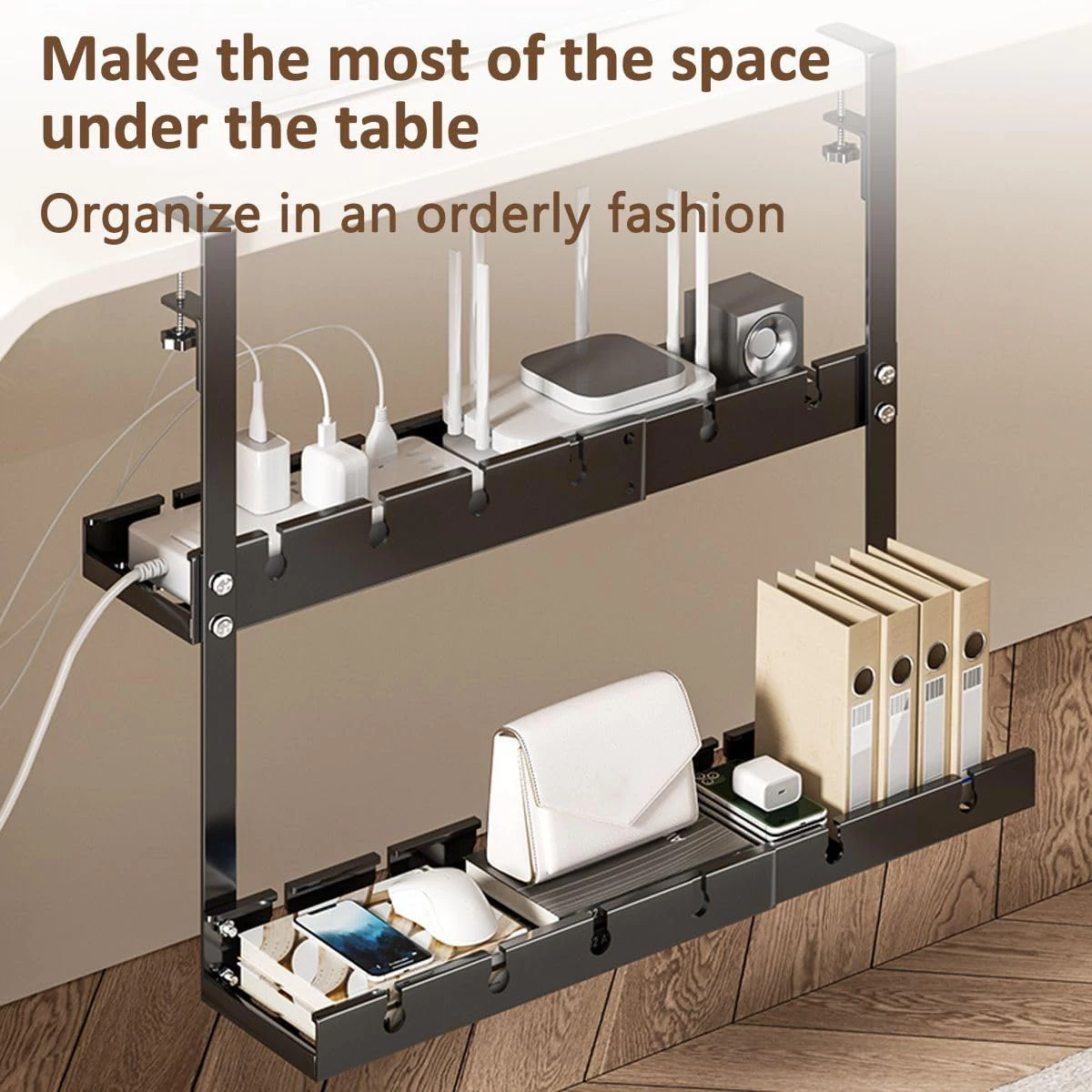 Double Layer Cable Management Tray Under Desk No Drilling Cable Management Tray for Desk Adjustable